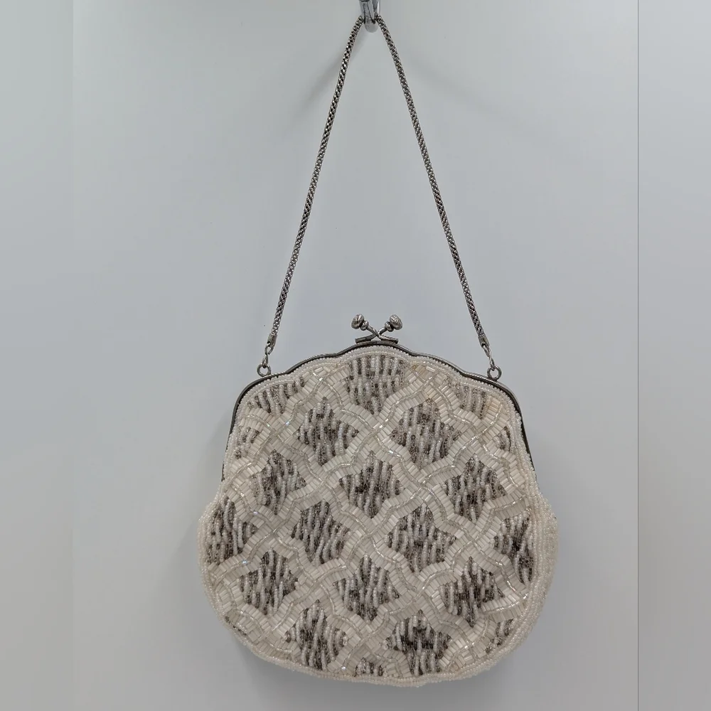 Vintage Handmade Beaded Evening Bag Clutch Purse Coquette Glam Cream White Retro